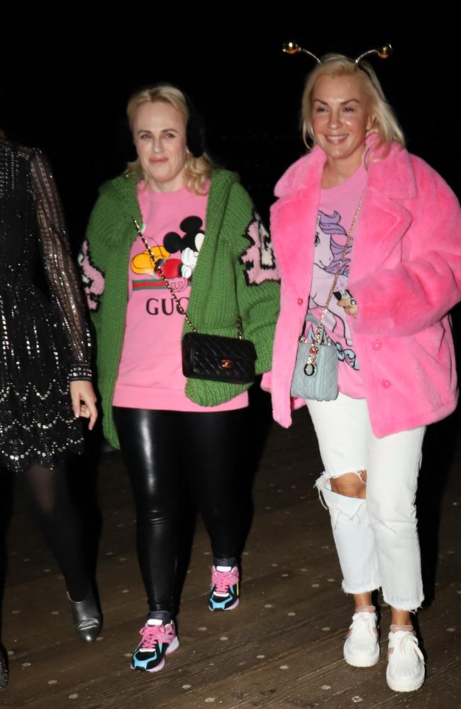 New mum Rebel Wilson and fiancee Ramona Agruma enjoyed a night out with Paris Hilton. Picture: Mega Agency.