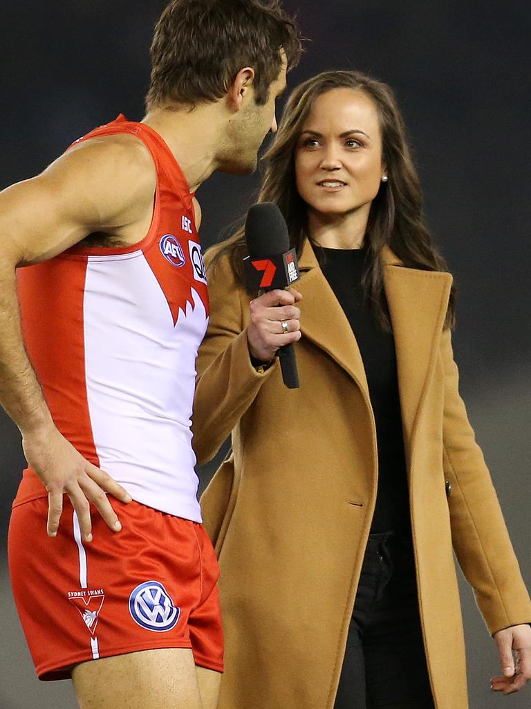 Daisy Pearce in action for Channel 7. Photo: Michael Klein