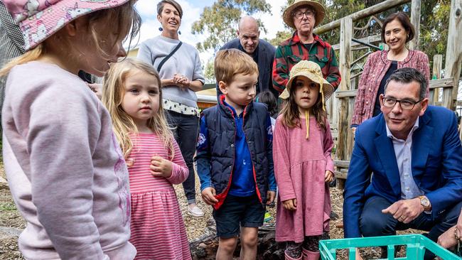 Daniel Andrews makes some friends at Westgarth Kindergarten in Northcote. Picture: Jake Nowakowski