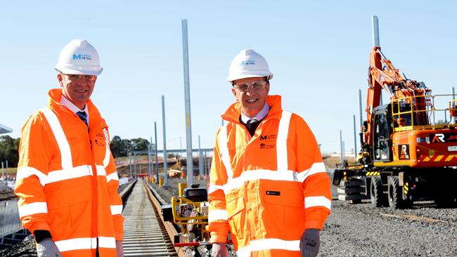 Premier Mike Baird and Transport Minister Andrew Constance during their recent visit to check on work at the new train station at Rouse Hill. Picture: Peter Kelly