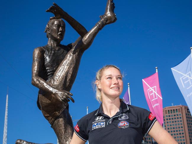 Carlton AFLW player Tayla Harris in September this year at the unveiling of a sculpture depicting her now-famous kick in full flight. Picture WAYNE TAYLOR/GETTY IMAGES