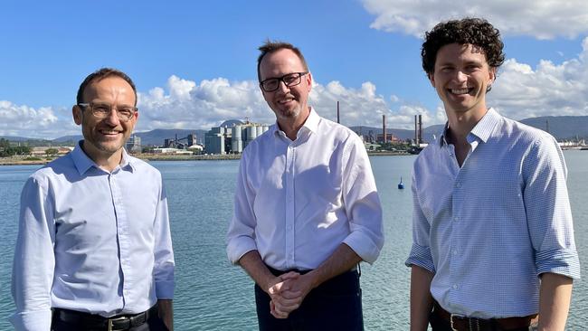 (From left) Greens leader Adam Bandt, NSW senate candidate David Shoebridge and Cunningham candidate Dylan Green in Port Kembla in April. Picture: Dylan Arvela