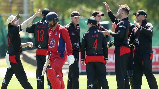 Meyrick Buchanan walks off after being dismissed by Matt Doric. Picture: Hamish Blair