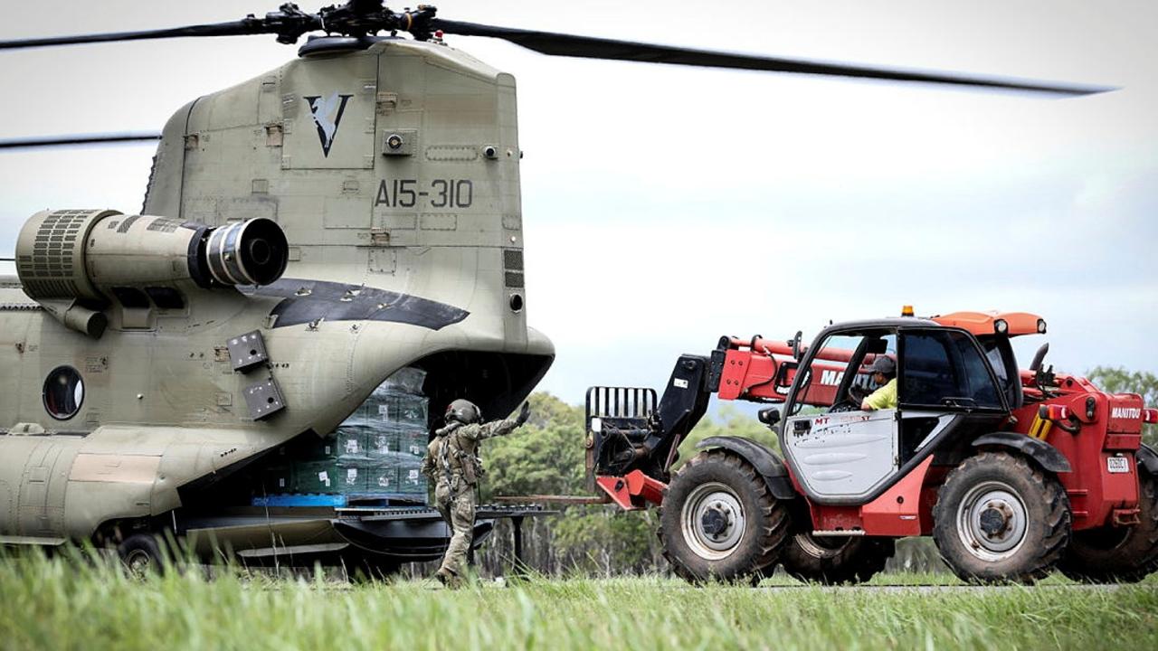 The Australian Defence Force deployed two Chinook helicopters and two AW139 helicopters on December 19 for the mandatory evacuation of 300 people from Wujal Wujal, on the Bloomfield River, following devastating flooding. Picture: ADF