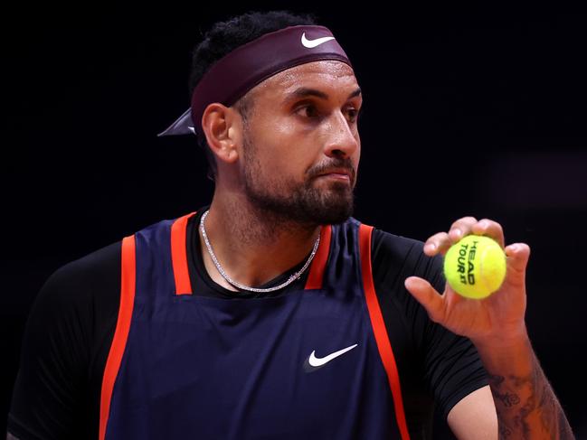 DUBAI, UNITED ARAB EMIRATES - DECEMBER 21: Nick Kyrgios of Eagles in action against Grigor Dimitrov of Falcons during day three of the World Tennis League at Coca-Cola Arena on December 21, 2022 in Dubai, United Arab Emirates. (Photo by Francois Nel/Getty Images)