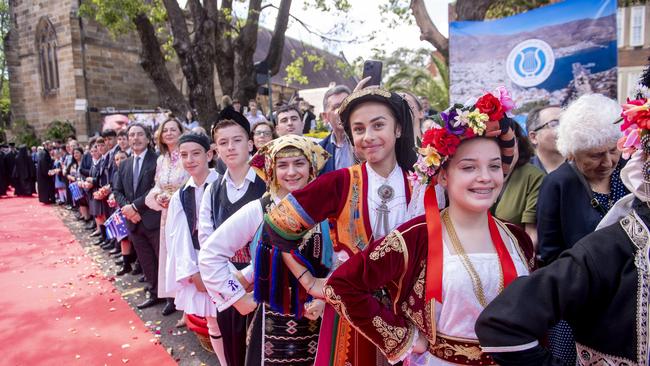 Members from the Greek Orthodox community gather outside the Greek Orthodox Cathedral in Redfern on Saturday. Picture: NewsWire/Jeremy Piper.