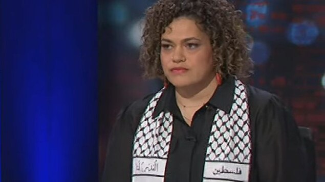 Indigenous woman and GetUp chief Larissa Baldwin-Roberts wore a scarf in support of Palestinians. Picture: ABC / Supplied