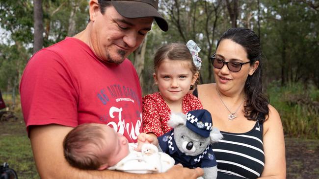 Constables Jacob Pennisi and Philippe Stigner were returning from morning callouts when they were flagged down by Nathaniel Pedler, whose wife Julie was in labour. Photo: Queensland Police Service