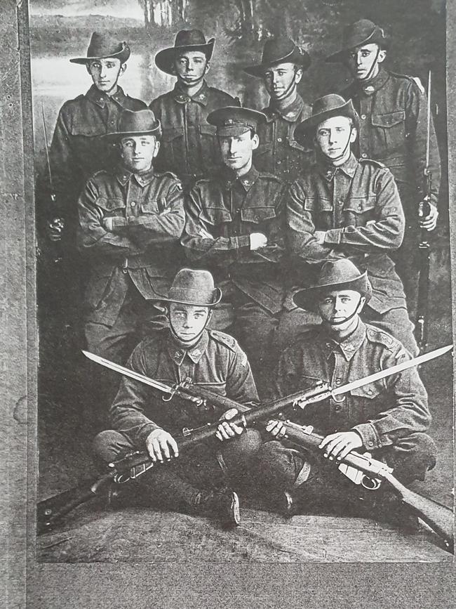 “Philip John Gale (Jack) joined the Army on July 10, 1915, as a result of Gallipoli, and is top right in this photo taken at Liverpool NSW. He served in Palestine before joining the 56 Battalion in France in June 1916. After serving on the Western Front he was admitted to hospital in England in January 1917 and discharged, medically unfit, in September 1918. He married May Roberts in January 1922, and they raised 14 children in Kiama during the Depression and WWII.” Picture: Supplied by son Kevin Gale