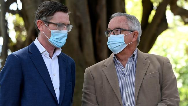 NSW Premier Dominic Perrottet (left) speaks to NSW Minister for Health Brad Hazzard during a Covid-19 press conference in Sydney. Picture: NCA NewsWire/Bianca De Marchi