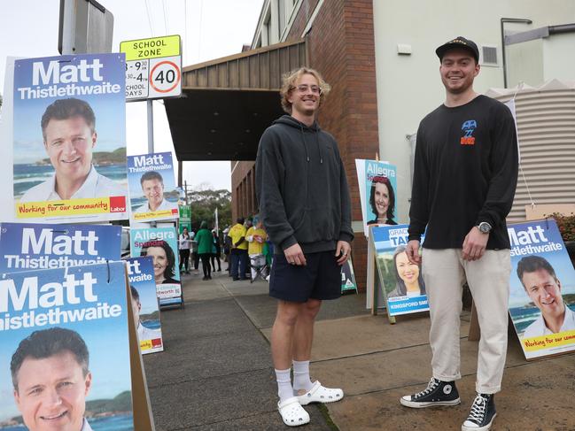 Daily Telegraph May 9/22. Pre polling at Randwick Town hall . Vox pop on voters outside Lto R Jordon Newbound and Joe Mcgaffin   has voted . picture John Grainger