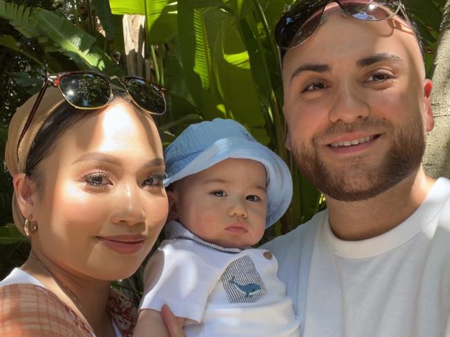 Eight-month-old Ibrahim Hamidi, who has been diagnosed with MS neuroblastoma, with his parents, mum Sherryl Galang and dad Seyid Hamidi. Picture: Supplied by family