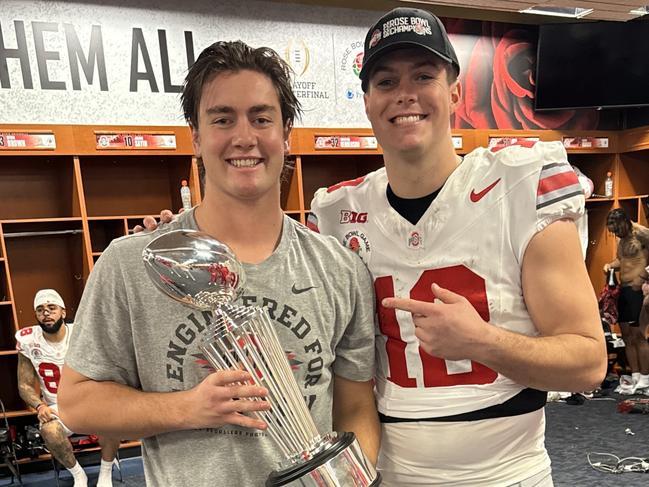 Joe McGuire with Ohio Quarter back Will Howard and the Rose Bowl Trophy made by Tiffany