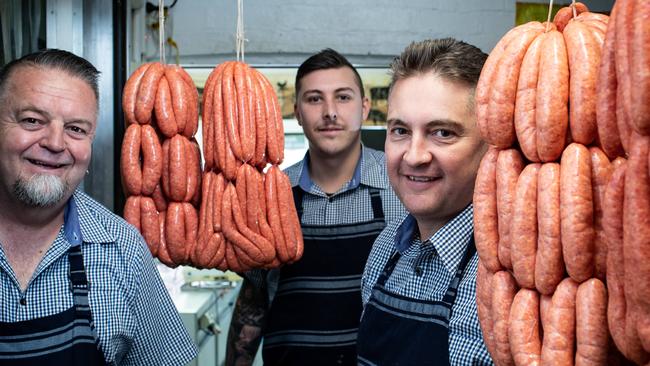 Trevor Winfield, Grant Bruce, and Blake Barroqueiro from McFarland's Gourmet Meats. Picture: Julian Andrews