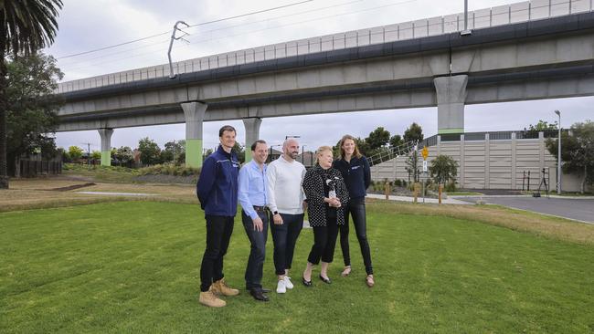 Melbourne Water’s Rohan Escreet, Stonnington Mayor Steve Stefanopoulos, Glen Eira Cr Tony Athanasopoulos, Stonnington Cr Sally Davis and Melbourne Water’s Kerin McMahon look at the new space. Picture: Wayne Taylor