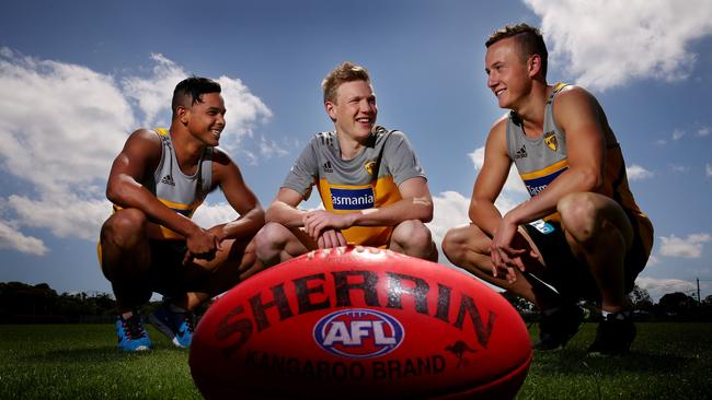 Hawthorn’s 2013 draftees Dayle Garlett, James Sicily and Billy Hartung. Picture: Colleen Petch