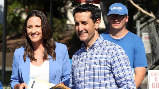 Gaven LNP candidate Bianca Stone handing out how-to-vote cards with David Crisafulli during the campaign. Picture: Liam Kidston