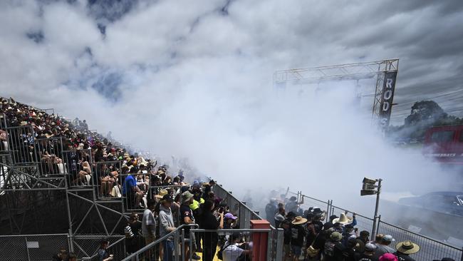 Smoke fills the air during one of the burnout competitions on Saturday.