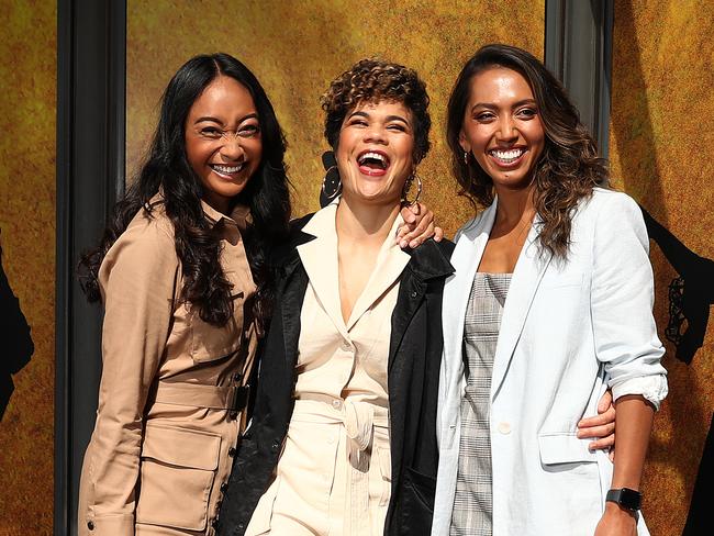 SYDNEY, AUSTRALIA - MARCH 25: ChloÃÂ© Zuel  who plays Eliza Schuyler, Akina Edmonds who plays Angelica Schuyler and Elandrah Eramiha who plays Peggy Schuyler and Maria Reynolds pose during a media call for Hamilton Australia at Lyric Theatre, Star City on March 25, 2021 in Sydney, Australia. (Photo by Mark Metcalfe/Getty Images)