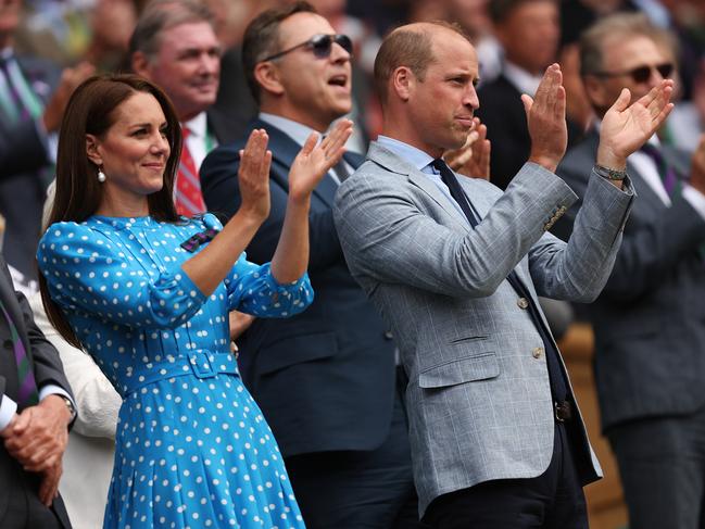 Ian Hewitt, Chairman of the All England Club, Catherine, Duchess of Cambridge and Prince William, Duke of Cambridge watch from the Royal Box as Novak Djokovic of Serbia wins against Jannik Sinner of Italy during their Men's Singles Quarter Final match. Picture: Julian Finney/Getty Images.