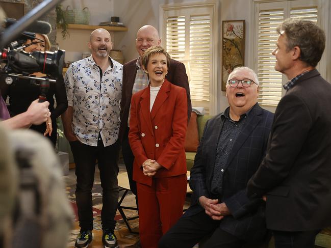 Ryan Moloney, Alan Fletcher, Jackie Woodburne, Ian Smith and Stefan Dennis gather to reminisce. Picture: Alex Coppel