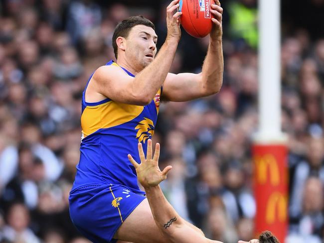 Jeremy McGovern soars for a mark and controlled the Eagles defence. Picture: Getty Images