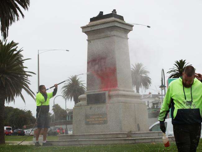 The statue of Captain Cook in St Kilda was cut down Picture: David Crosling