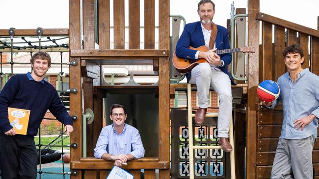MELBOURNE, MAY 8, 2025: BEST TEACHERS CAMPAIGN. Male teachers at St Brendans Primary School, Flemington, L to R Will Shannon, Luke William Cameron, William Gribben, Will Madden. Picture: Mark Stewart