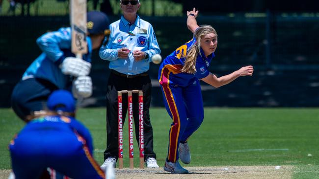 Tara French bowling for Northern District. Picture: Thomas Lisson