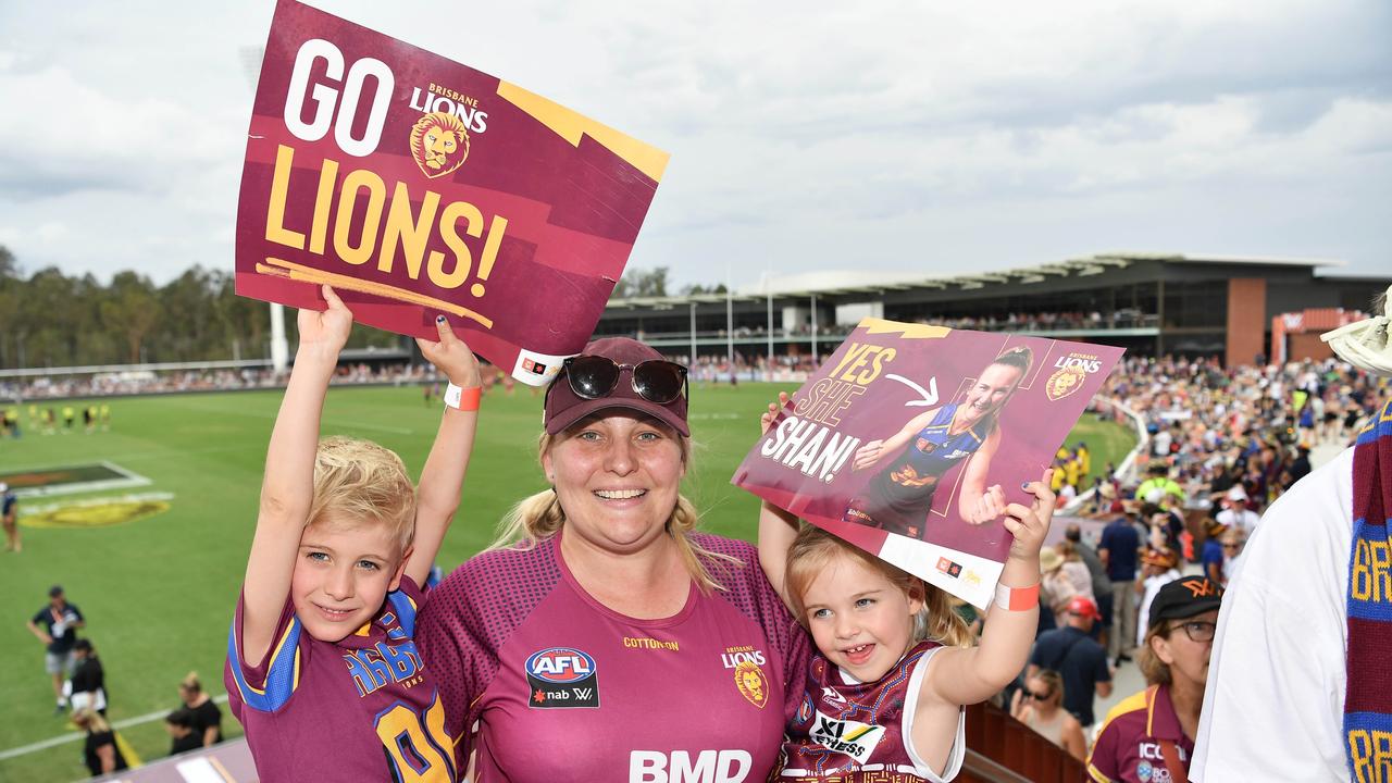 Balin, 6, Mel and Ivy Scott, 3, at the NAB AFLW grand final. Picture: Patrick Woods