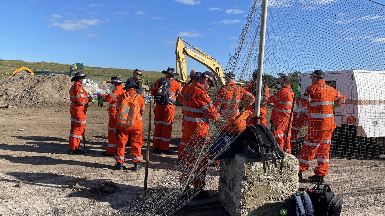 More than 17 SES volunteers are searching the Caloundra Landfill and Resource Recovery Centre on Pierce Ave for a weapon and items of clothing believed to have been used in the alleged murder of Chris Gwin.