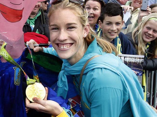 Olympic athletes at Parliament House Lawns.Hobart ,   for  meet  and  greet  with    fans, after  returning  from  Rio. picture  of God medal winner  Kim Brennan   with   fans. Picture: KIM EISZELE