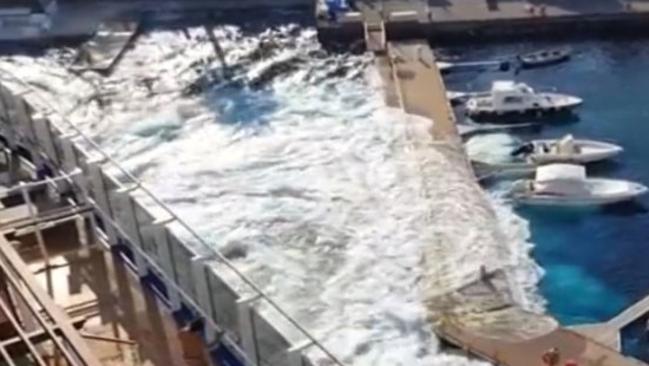 Footage shows the perspective of the accident from the cruise line’s point of view as the waves caused by its propellers damages the marina. Picture: Break.com