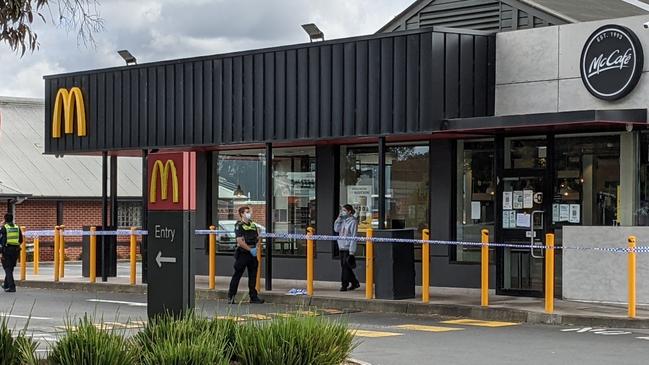 Bayswater North's McDonald's restaurant was taped off as a secondary crime scene following a nearby fatal stabbing on Sunday, September 12. Picture: Kiel Egging