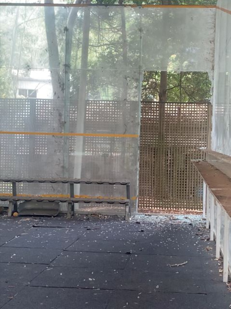 Visit to Couran Cove Island Resort, South Stradbroke Island, on February 23, 2023. A shattered pane of glass in the gym area. Picture: Melanie Whiting