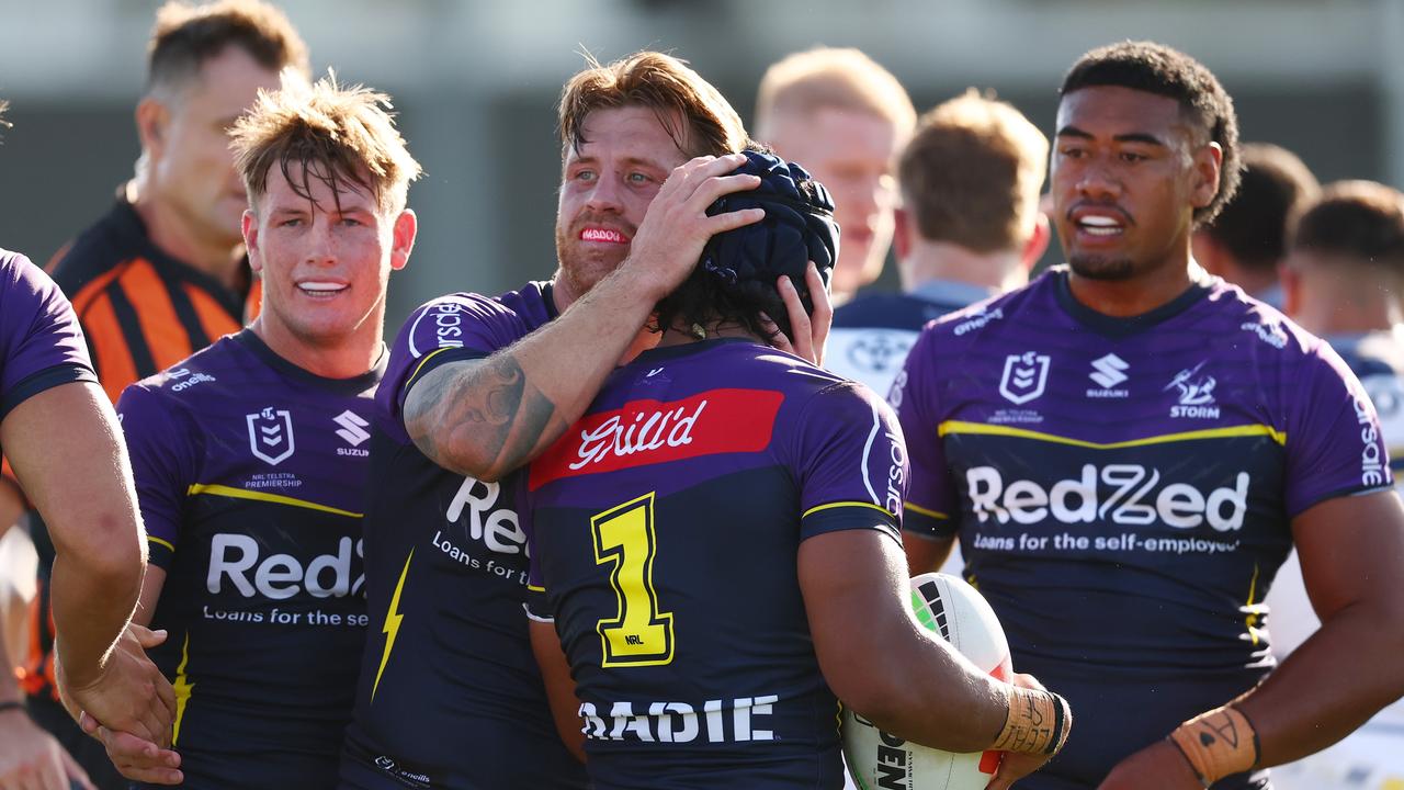 Sua Fa’alogo scored a nice try but is now in doubt for round one after the Storm fullback was forced off with a hamstring injury during his side’s loss to the Cowboys. Picture: Morgan Hancock/Getty Images