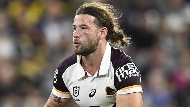 TOWNSVILLE, AUSTRALIA - AUGUST 10: Patrick Carrigan of the Broncos runs the ball during the round 23 NRL match between North Queensland Cowboys and Brisbane Broncos at Qld Country Bank Stadium, on August 10, 2024, in Townsville, Australia. (Photo by Ian Hitchcock/Getty Images)