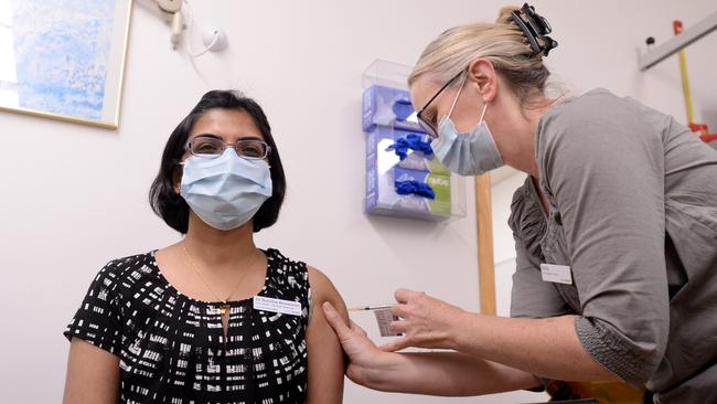 Dr Sumi Bhaskaran her second Pfizer COVID-19 vaccine. Picture: NCA NewsWire / Andrew Henshaw