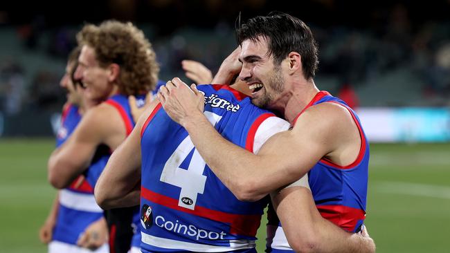 Easton Wood congratulates Marcus Bontempelli. Picture: Getty Images