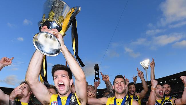 Trent Cotchin and the Tigers hold up the 2017 premiership. Pic: Getty Images