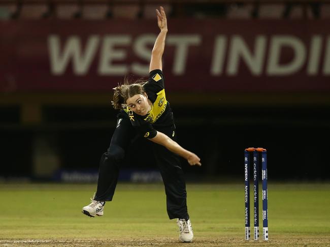 Tayla Vlaeminck lets one fly during a World T20 warm-up match. Picture: Jan Kruger