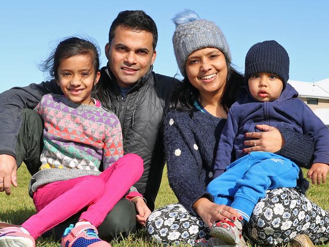 15/07/18 Jayesh Agarwal and his wife Maulshri and their kids Swara (7) and Vyom (1) at their local park in the Melbourne suburb of Point Cook. Aaron Francis/The Australian