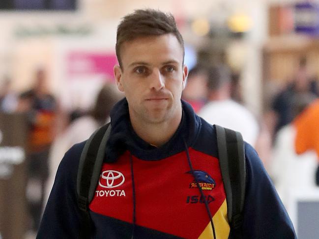 28/09/17 Injured Adelaide Crows player Brodie Smith at the Adelaide Airport as he gets ready to leave for Melbourne to watch this weekends AFL Grand Final. photo Calum Robertson