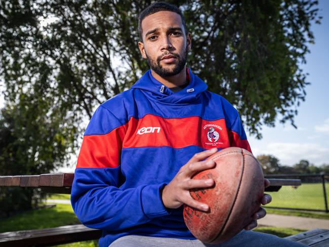 Jojo Amaah suffered a cardiac arrest while playing for Keysborough in a local footy match against Skye. Picture: Jake Nowakowski