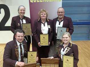 NATIONAL STARS: Celebrating their recent medal success at the Australian Indoor Bowls titles are indoor bowlers (back, from left) Kathy Young, Kaylene Weir, Errol Weir, (front) Angus Young and Monique Weir. Picture: Contributed