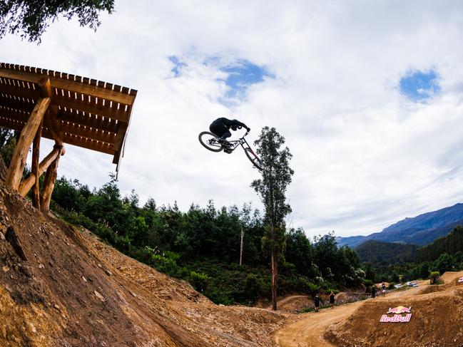 Darcy Coutts testing out the new Red Bull Hardline Tasmania track at Maydena Bike Park. Picture: Ryan Finlay.