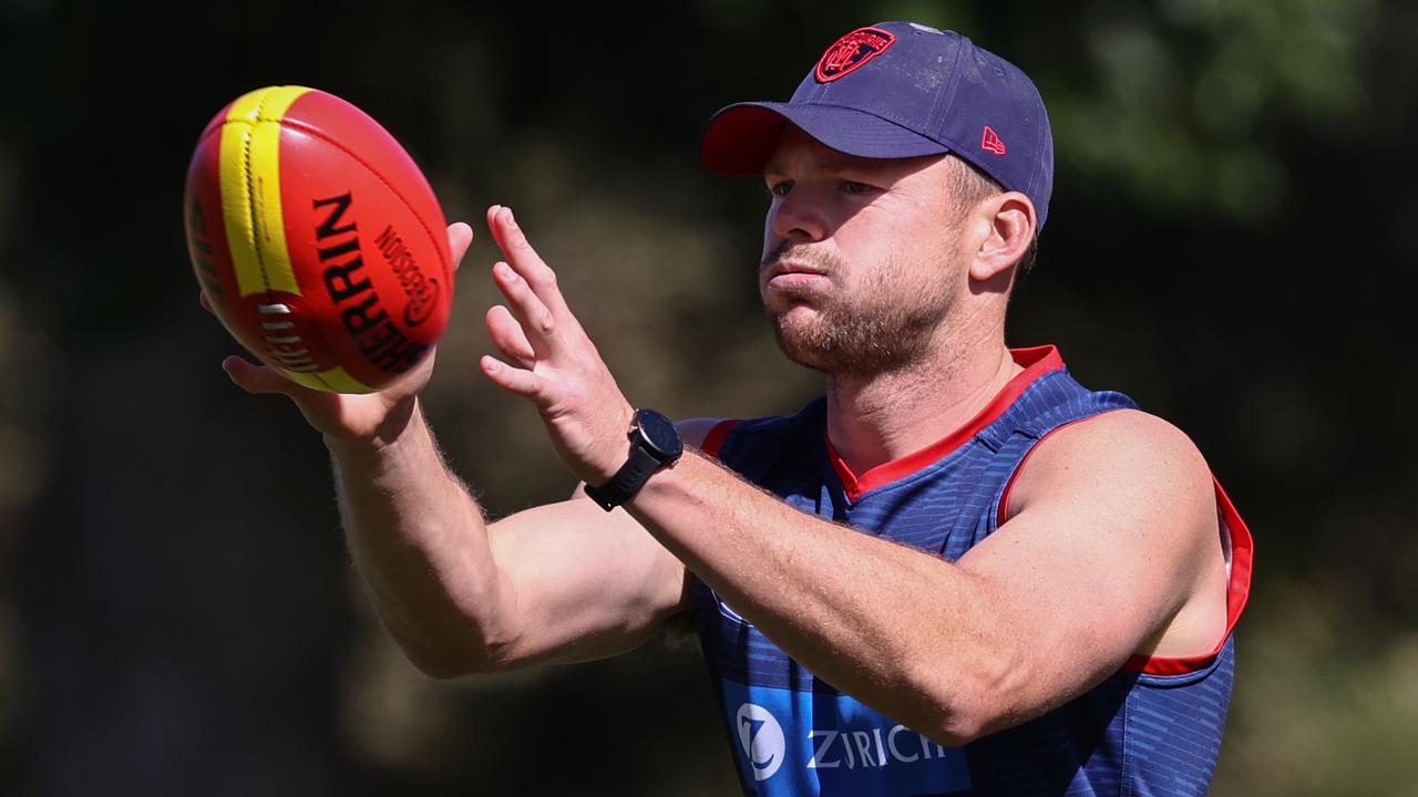 MELBOURNE . 20/03/2023. Melbourne training at Goschs Paddock. Steven May of the Demons during todays light training session . Pic: Michael Klein