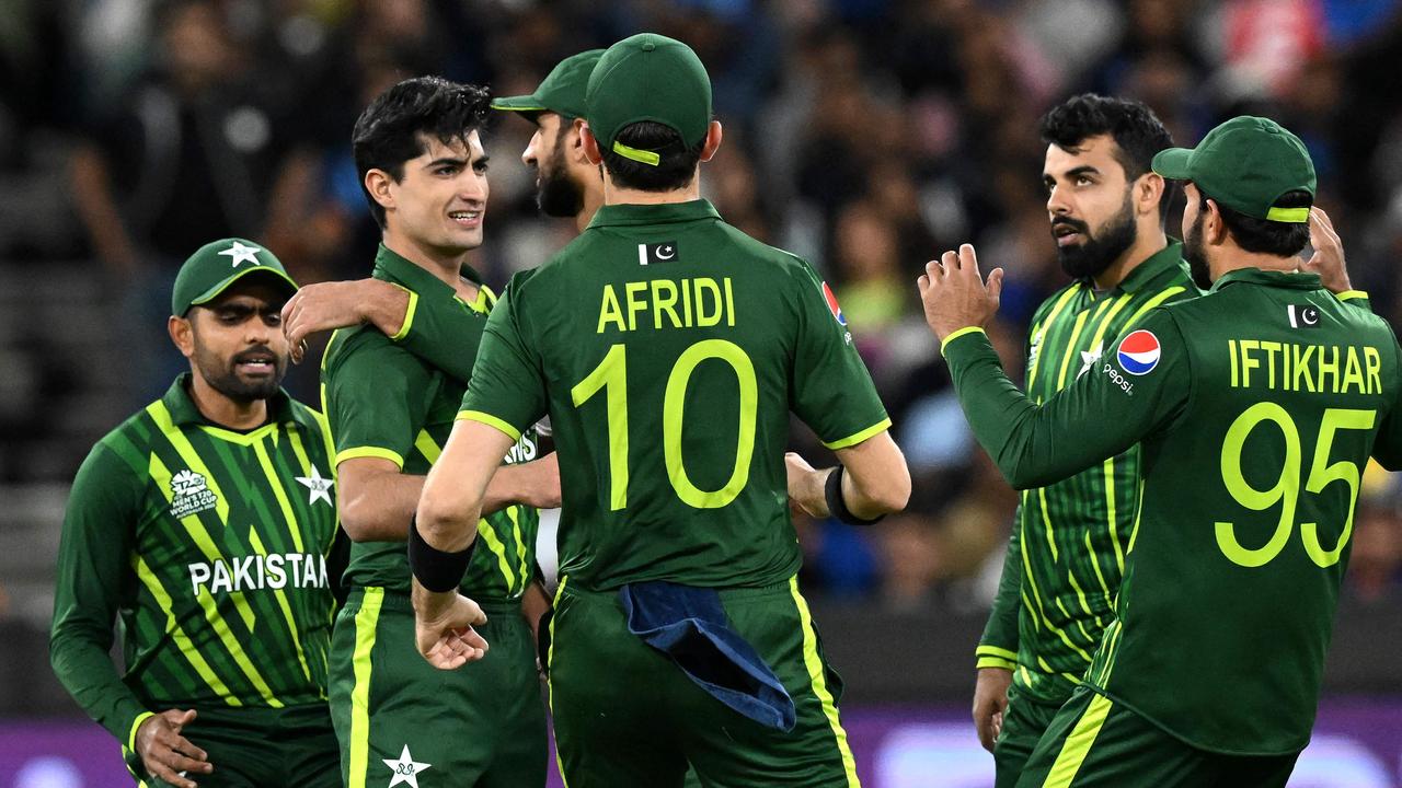 Naseem Shah (2nd L) celebrates the wicket of KL Rahul. Picture: AFP