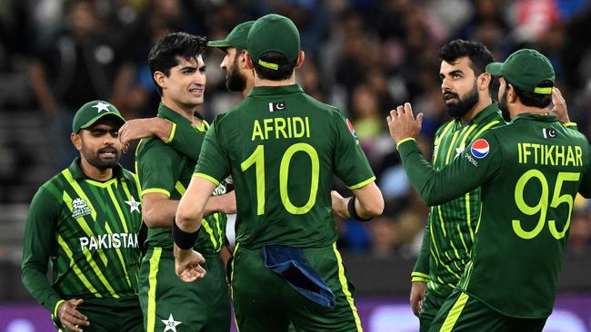 Naseem Shah (2nd L) celebrates the wicket of KL Rahul. Picture: AFP