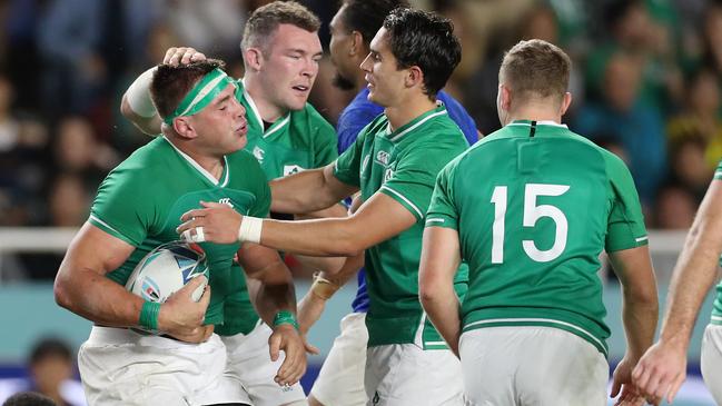 FUKUOKA, JAPAN - OCTOBER 12: CJ Stander of Ireland celebrates with teammates after scoring his team's sixth try during the Rugby World Cup 2019 Group A game between Ireland and Samoa at Fukuoka Hakatanomori Stadium on October 12, 2019 in Fukuoka, Japan. (Photo by Shaun Botterill/Getty Images)